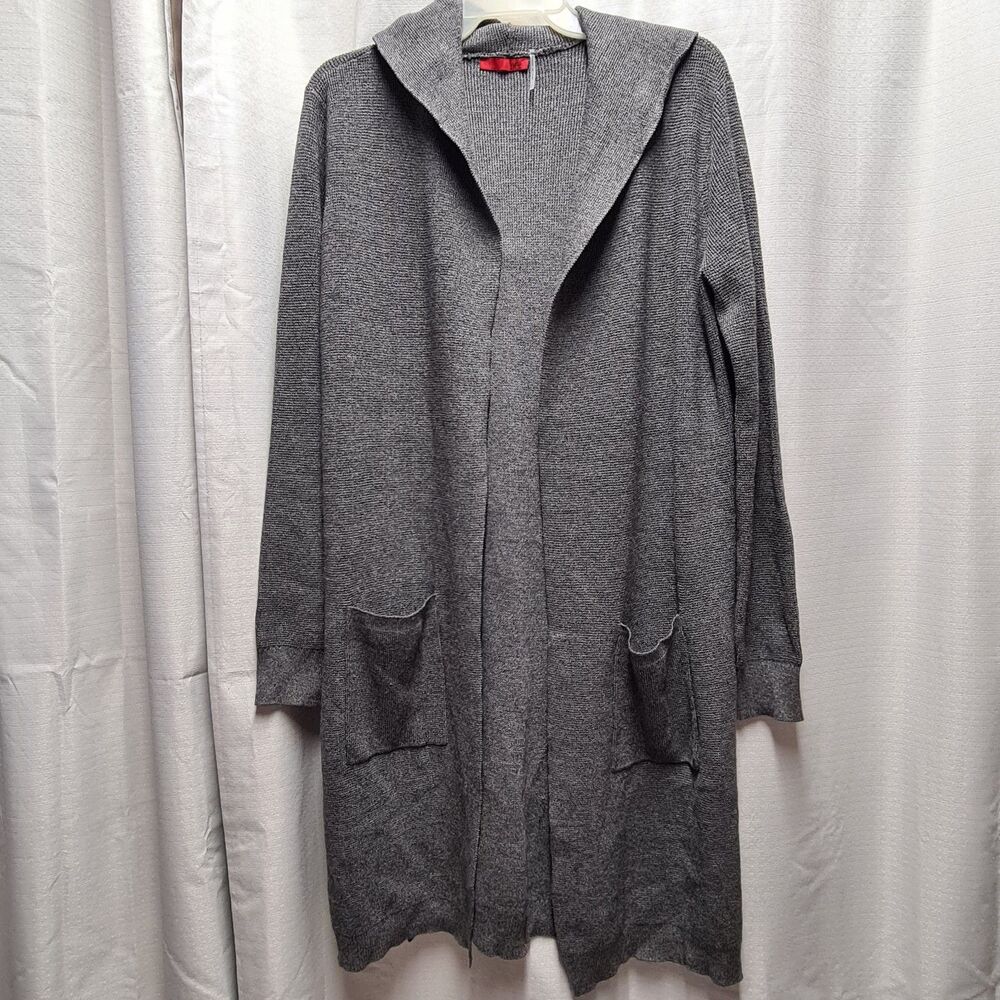 RED Open Front Hooded Cardigan Women's LARGE Gray Pockets Long Sleeve Knit